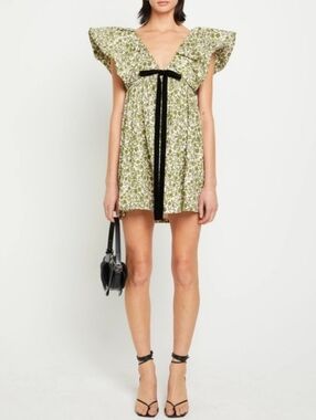O.P.T. Didi Mini Dress in Palace Garden Green Floral Ruffle Sleeve M NEW